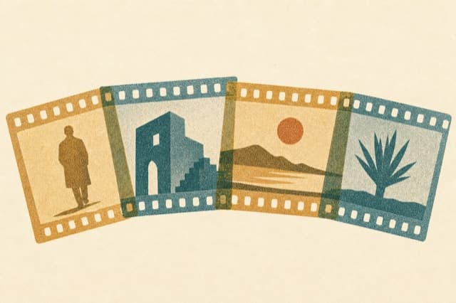 Editorial Risograph illustration of a strip of overlapping film frames