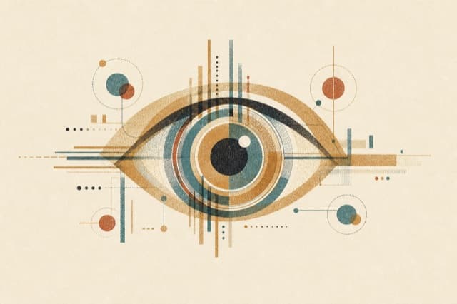Editorial Risograph illustration of an analytical eye composed of nested data rings