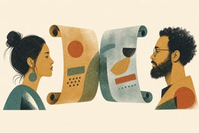 Editorial Risograph illustration of two figures in conversation, representing creator-style UGC video