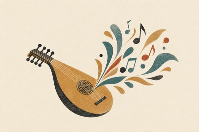 Editorial Risograph illustration of a stringed musical instrument, representing AI music generation