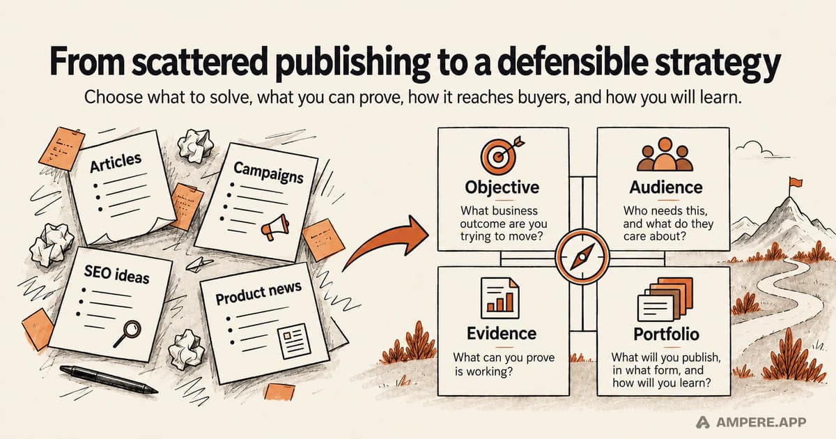 Scattered articles, campaigns, SEO ideas, and product news becoming a connected content strategy organized around an objective, audience, evidence, and portfolio.