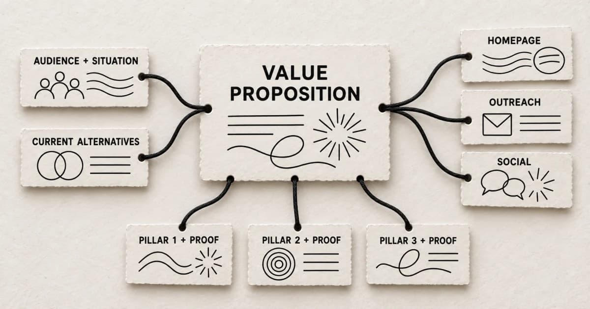 A central value proposition connected to an audience and situation, alternatives, three proof-backed pillars, and channel adaptations.
