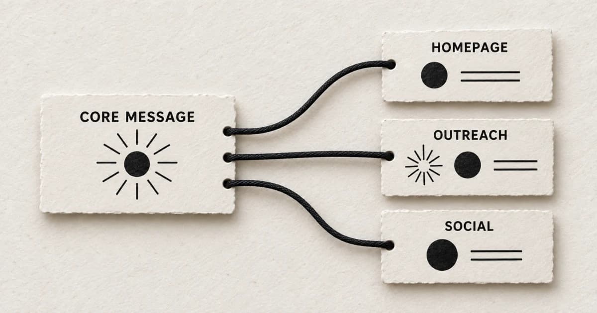 One core-message card connected to homepage, outreach, and social cards that rearrange the same value, proof, and emphasis symbols.