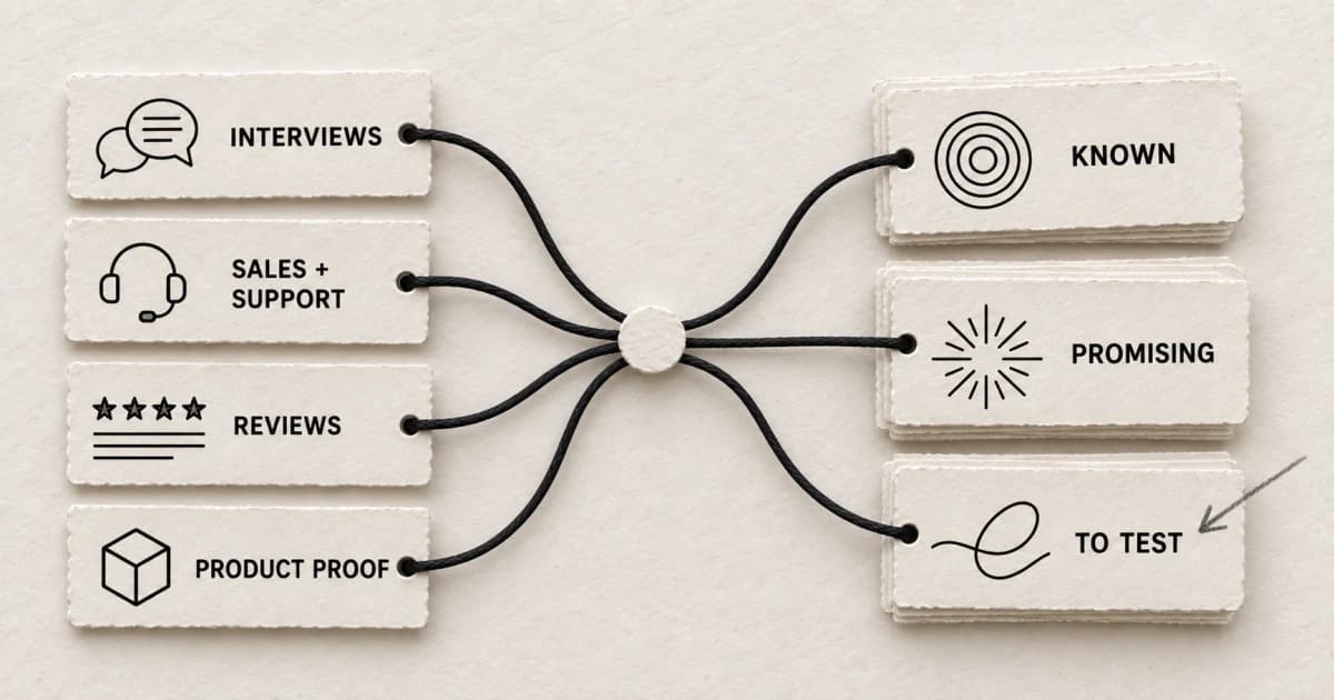 Interview, sales and support, review, and product-proof cards connected to three evidence-status cards: known, promising, and to test.