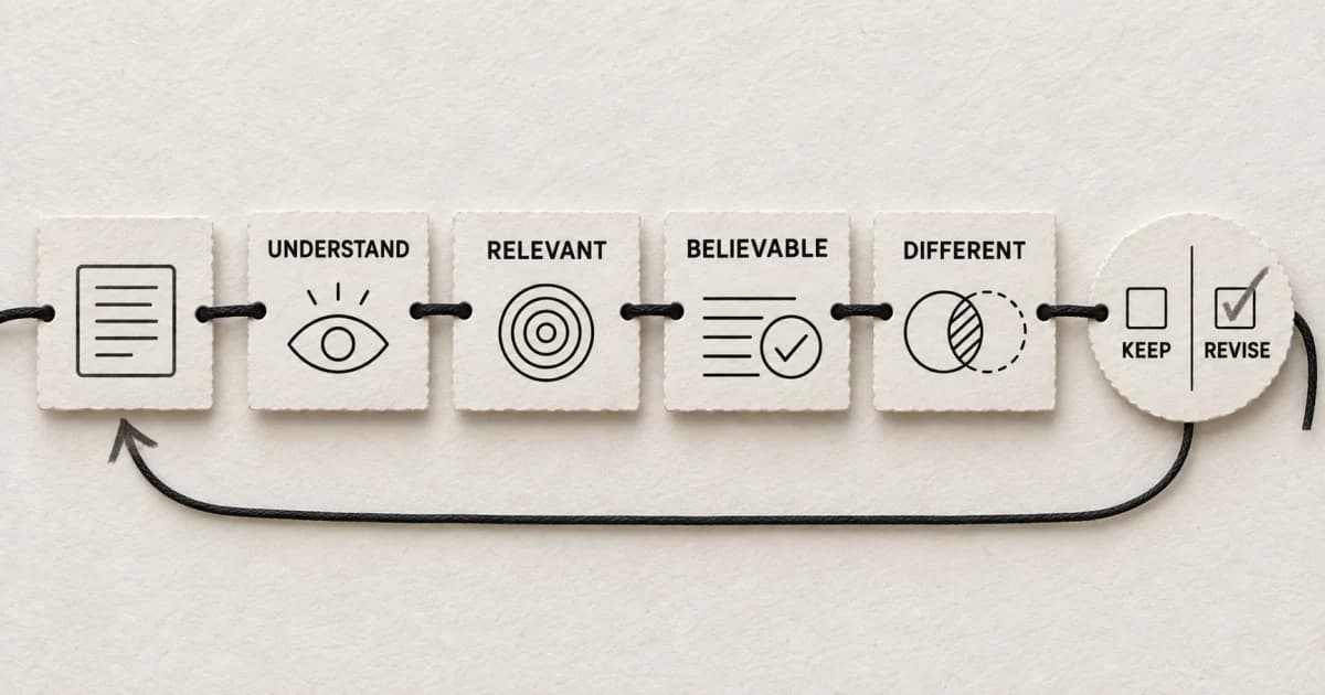 A message moving through four review cards labeled understand, relevant, believable, and different, ending in a keep-or-revise decision that loops back.