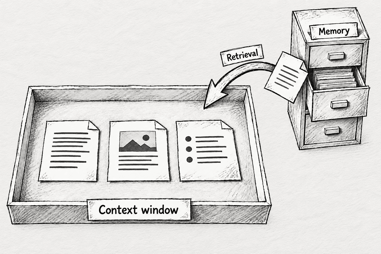 A filing cabinet labeled Memory sits outside a tray labeled Context window. An arrow labeled Retrieval brings a document from the cabinet onto the tray.