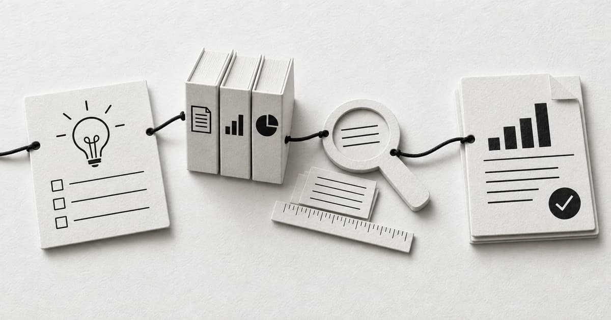 A black cord connects a paper brief, reference books, a magnifying glass, and a checked report on a white paper background.