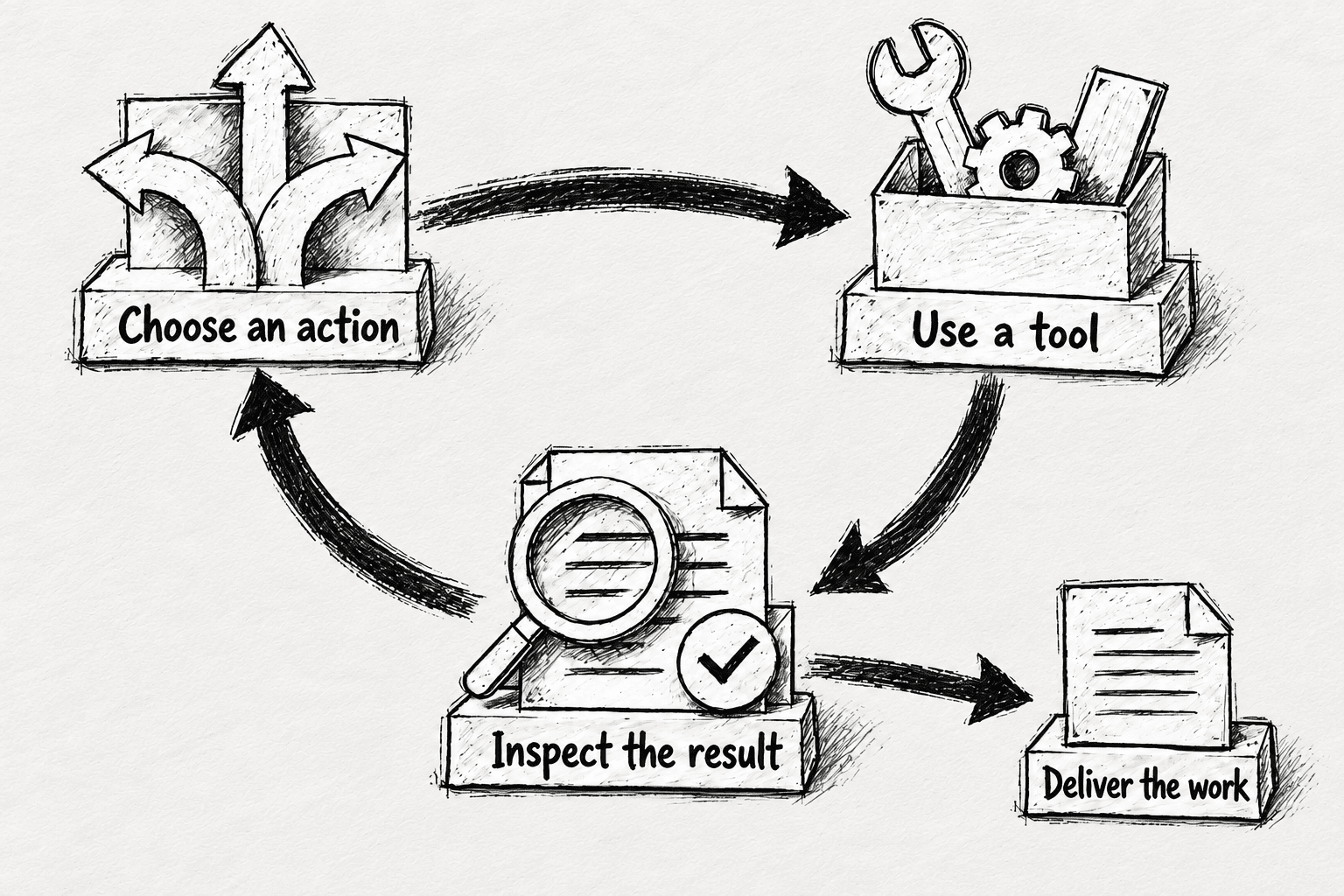 Hand-drawn arrows connect Choose an action, Use a tool, and Inspect the result in a loop, with a separate path to Deliver the work.