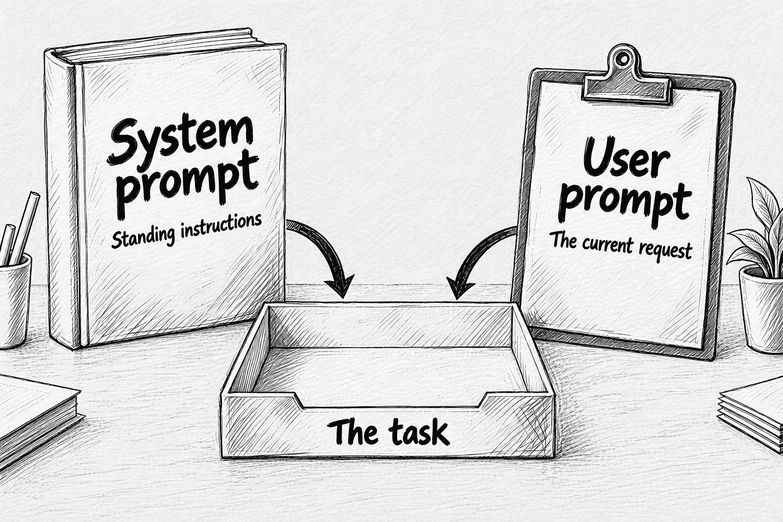 A book labeled System prompt and Standing instructions sits beside a clipboard labeled User prompt and The current request. Both point toward a tray labeled The task.