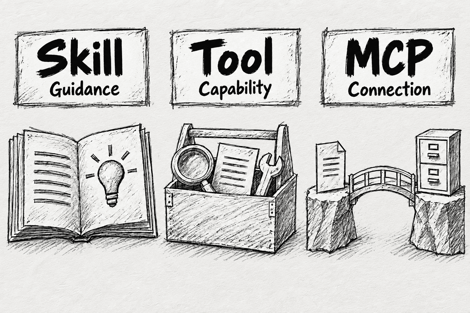 Three hand-drawn objects show distinct roles: a Skill book labeled Guidance, a Tool box labeled Capability, and an MCP bridge labeled Connection.