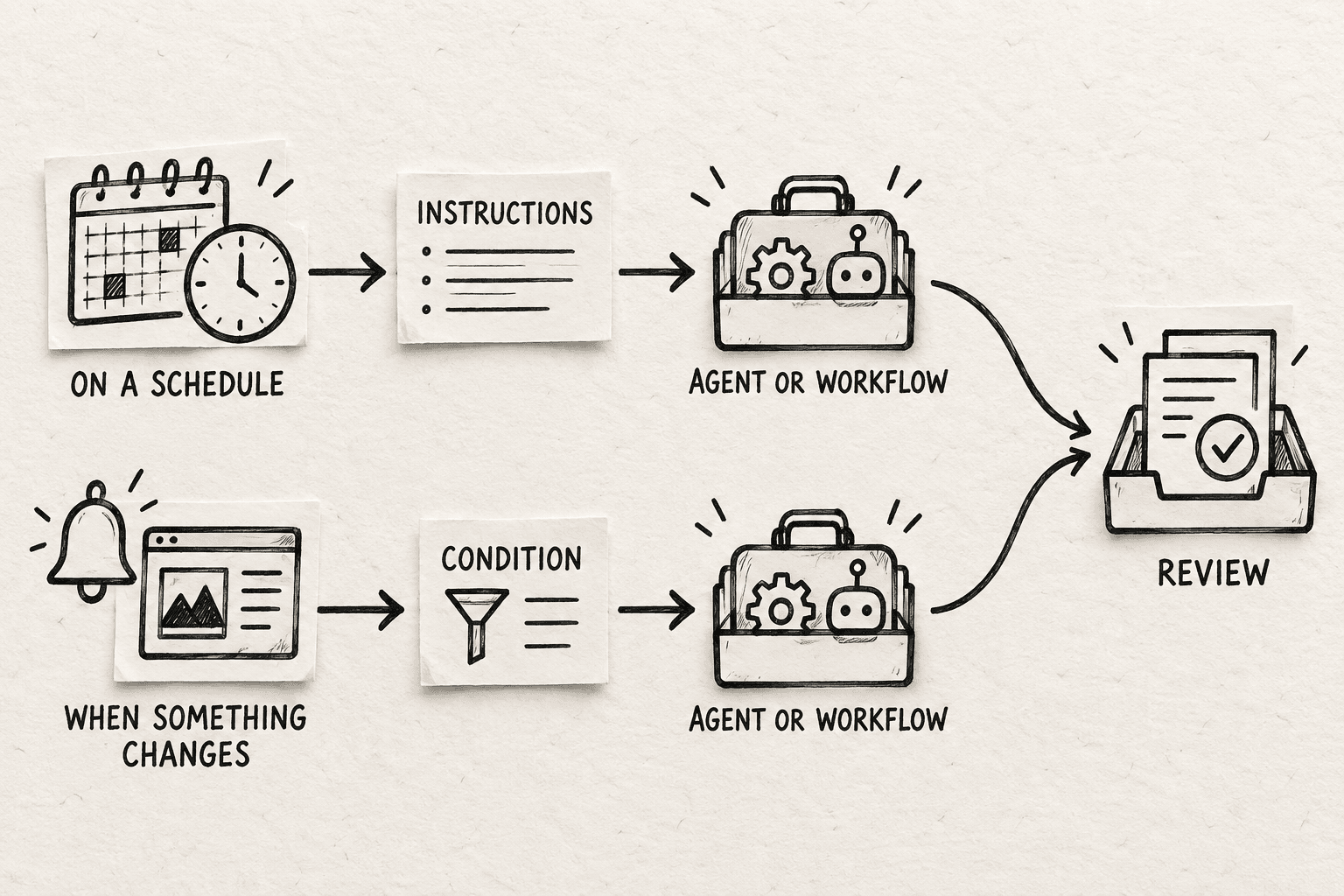 Two automation paths show work starting on a schedule or when something changes, then passing through instructions or a condition before an agent or workflow produces work for review.