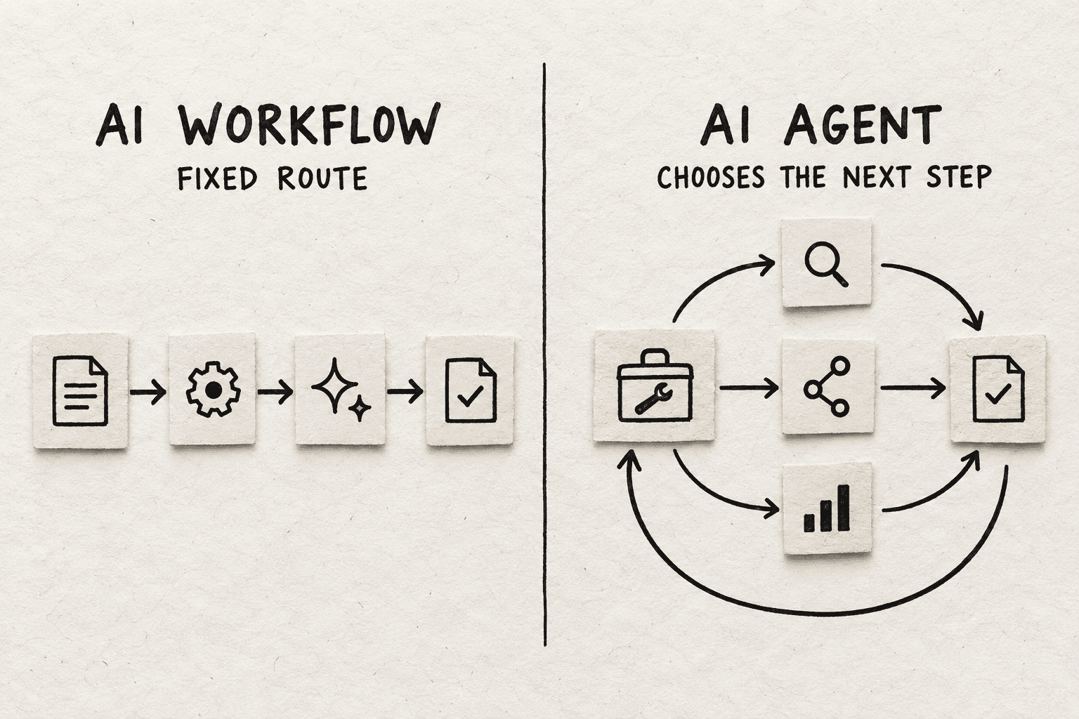 A fixed four-step AI workflow sits beside an AI agent that can choose among several actions, inspect results, and loop before finishing.