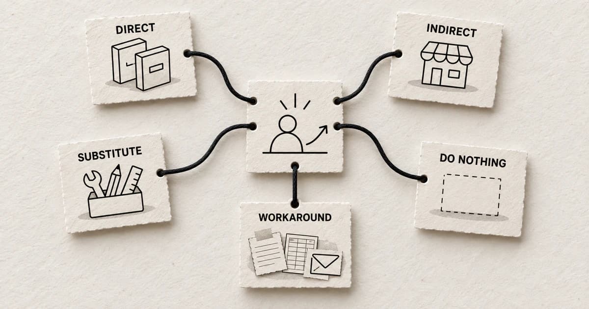 Direct, indirect, substitute, workaround, and do-nothing cards connect to the same customer need.