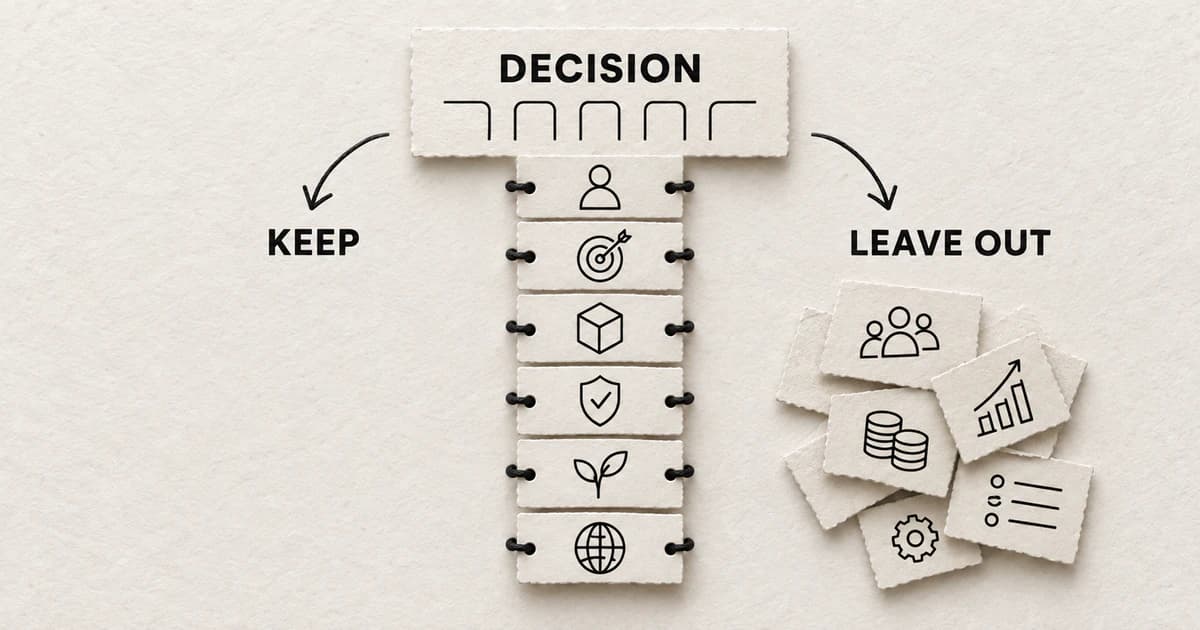 A decision card filters useful comparison criteria into a kept set while unrelated facts remain outside the analysis.