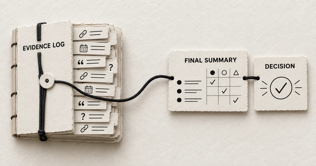 A detailed bound evidence log connects to a compact final summary and decision card.