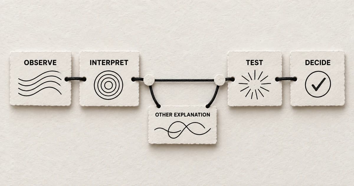 Paper cards show observation leading to interpretation, a branch for another explanation, a test, and a decision.
