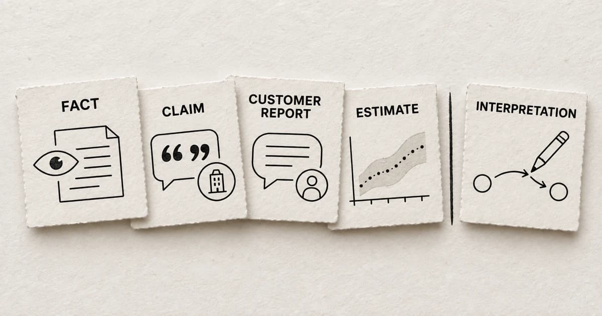 Five paper tabs distinguish a fact, company claim, customer report, estimate, and analyst interpretation.