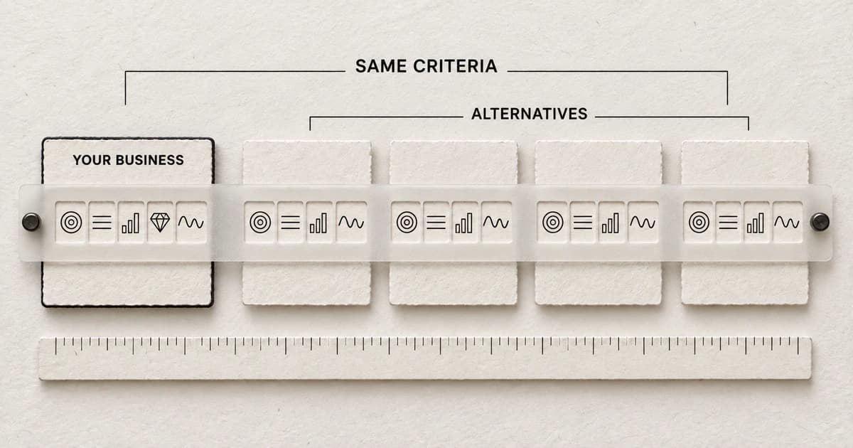 One business card and four alternative cards pass beneath the same comparison stencil and ruler.