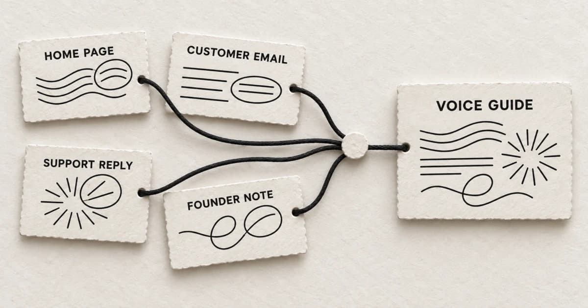 Homepage, customer email, support reply, and founder note cards connected to a single voice guide card.