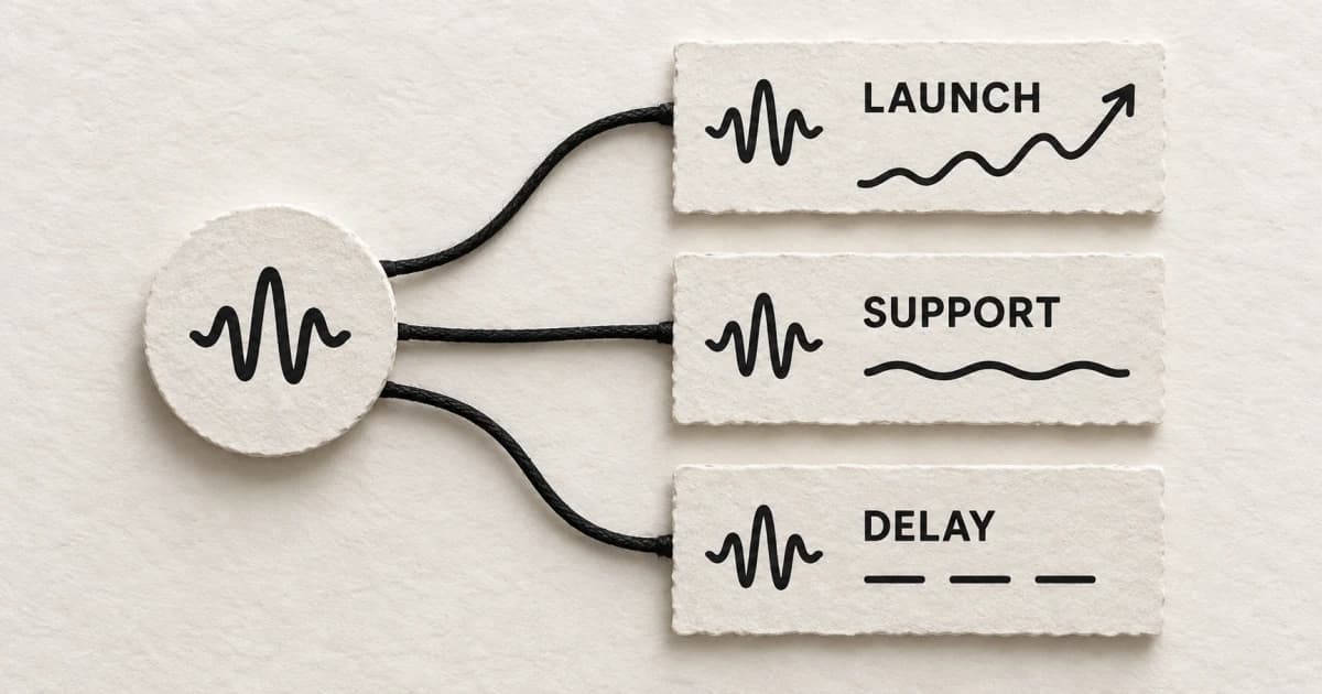 One waveform symbol branching to three paper cards labeled Launch, Support, and Delay.