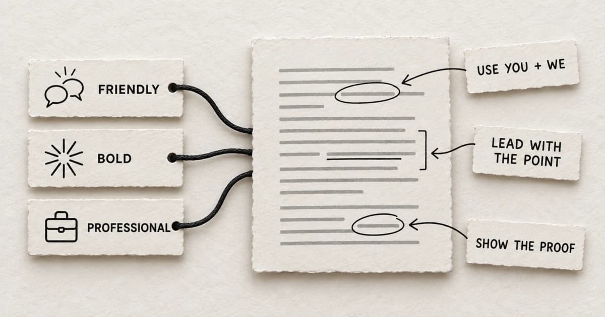 Friendly, bold, and professional paper tags connected to an edited manuscript with observable writing instructions.