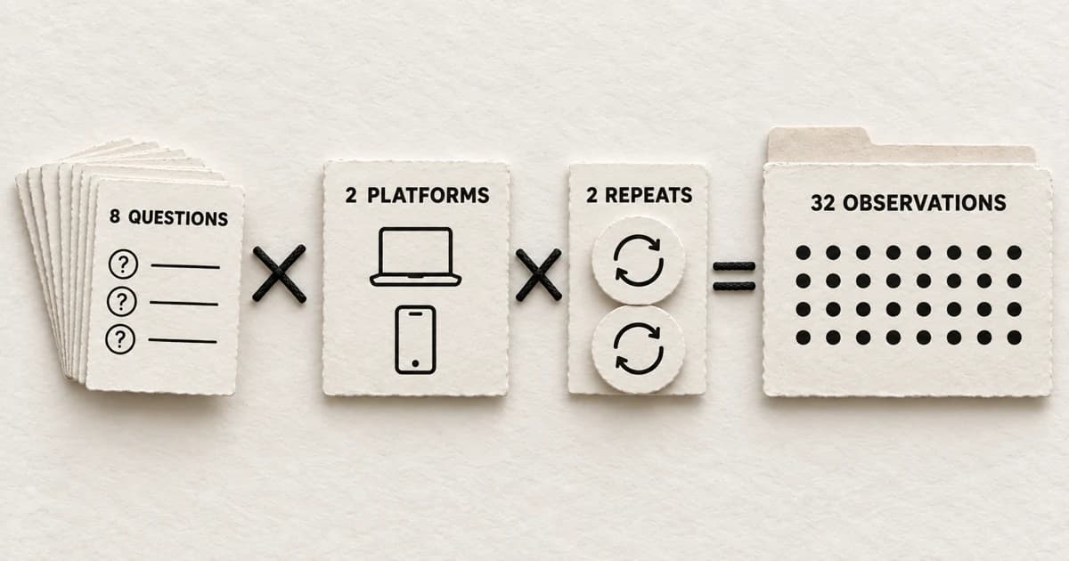 Eight question cards multiplied by two platform cards and two repeat tokens produce a folder containing 32 observation dots.