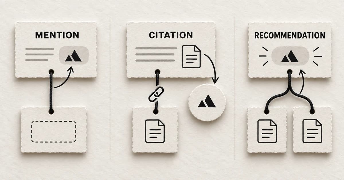 Three paper vignettes show a brand mention without a source, a citation that supports another option, and a recommendation supported by third-party pages.