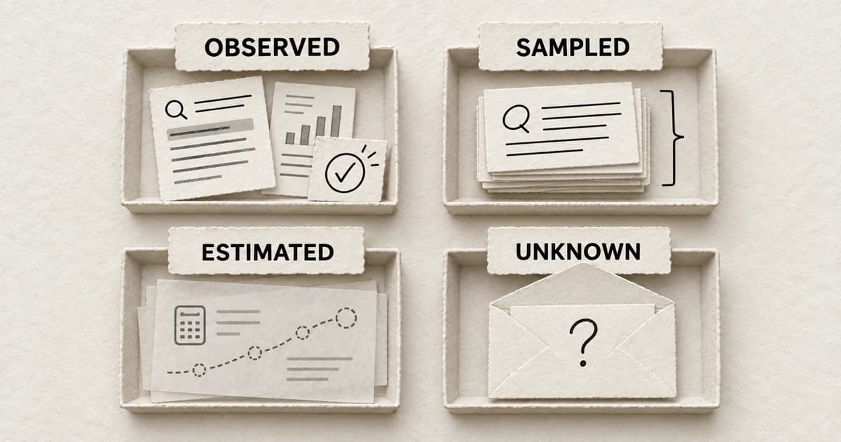 Four paper trays separate saved observations, a defined sample, projected estimates, and an envelope marked as unknown.