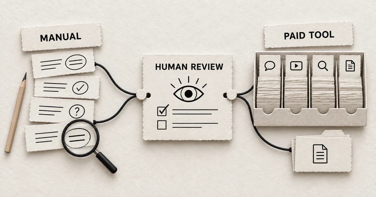 A small manually reviewed answer stack and a larger paid-tool card sorter both connect to one human review sheet.