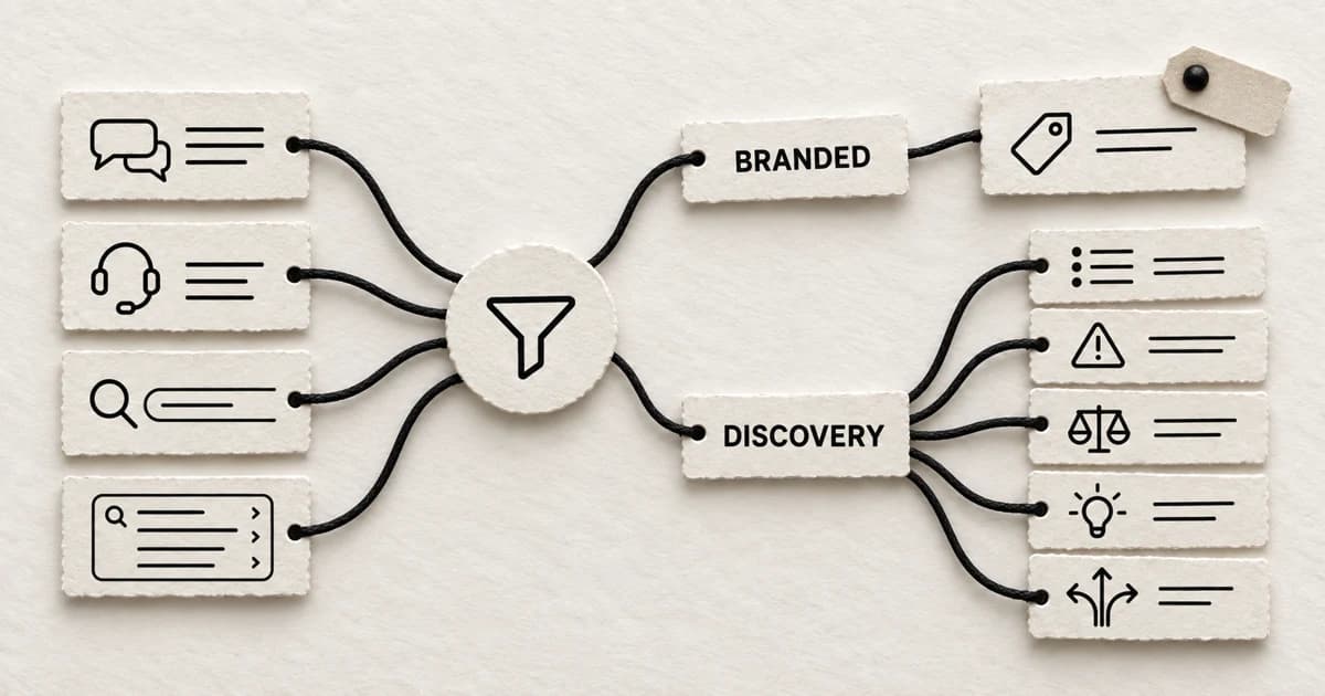 Interview, support, search, and autocomplete evidence cards feed a sorting point that separates one branded question from several discovery questions.
