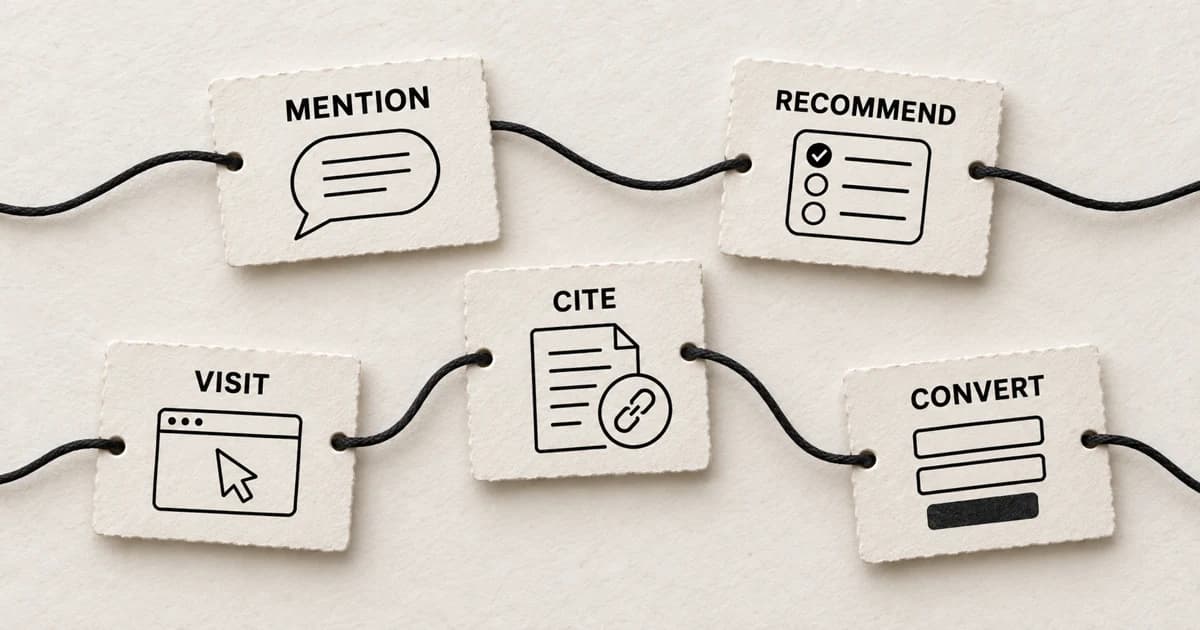 Five paper cards labeled mention, recommend, cite, visit, and convert form a loose constellation connected by cords.