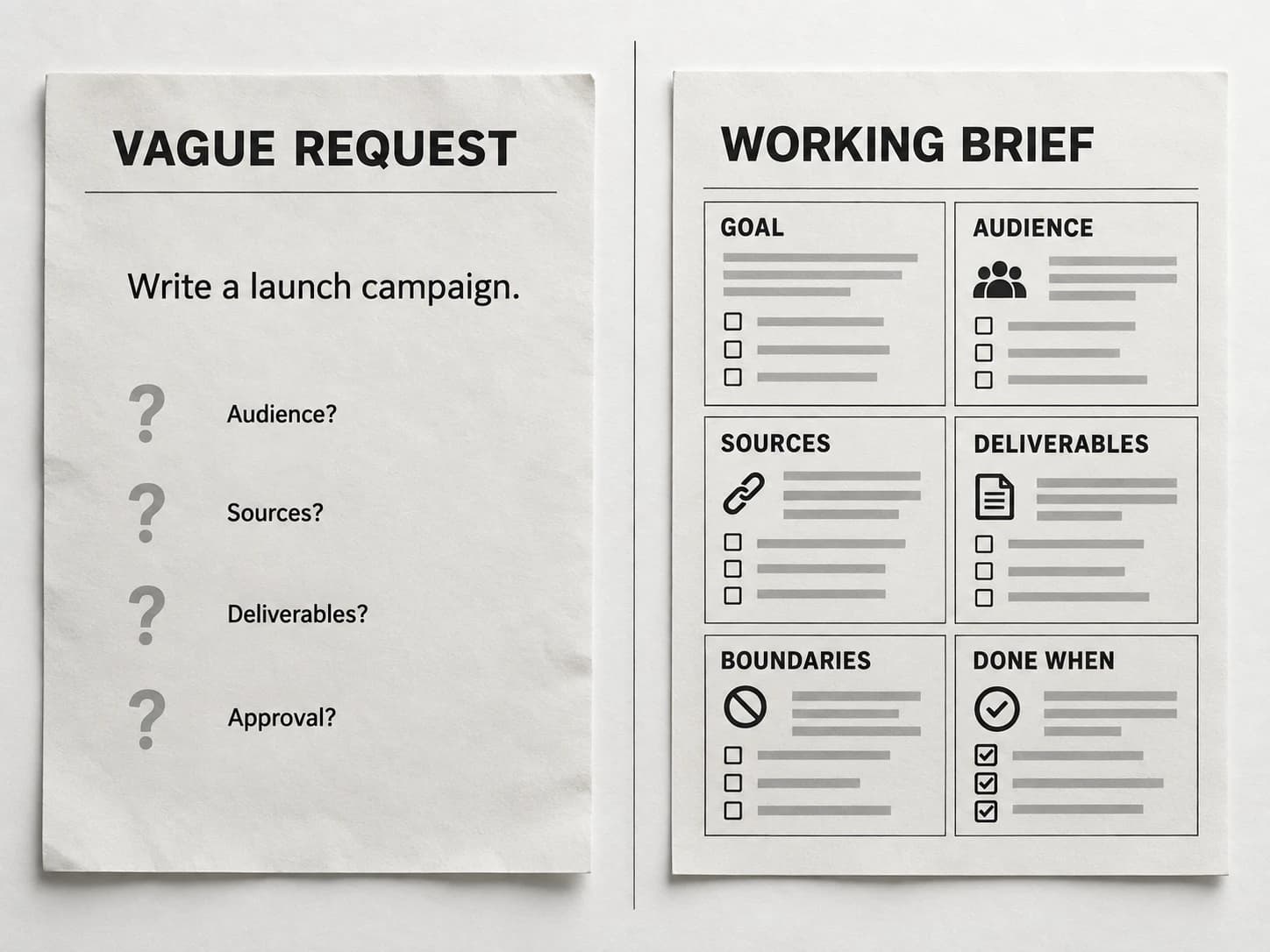 A sparse vague request asks for a launch campaign without audience, sources, deliverables, or approval, beside a working brief organized into those decisions.