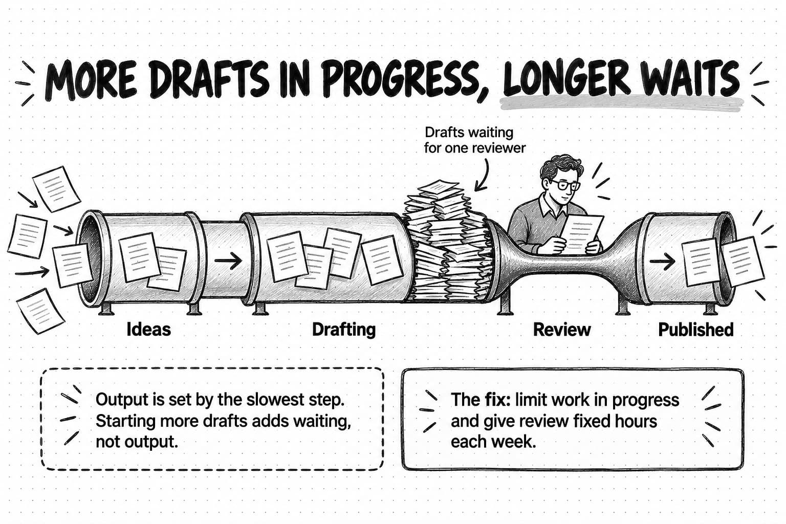 A sketch titled More drafts in progress, longer waits. A pipe runs through four stages, Ideas, Drafting, Review and Published. Before a narrow Review neck, where one person reads a page, a tall pile is labeled Drafts waiting for one reviewer. Two notes below read Output is set by the slowest step. Starting more drafts adds waiting, not output, and The fix: limit work in progress and give review fixed hours each week.