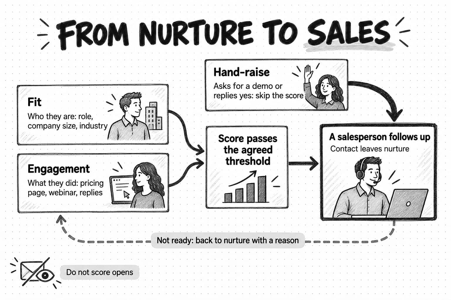 A sketched process titled From nurture to sales. Two input cards, Fit: who they are: role, company size, industry, and Engagement: what they did: pricing page, webinar, replies, feed a card reading Score passes the agreed threshold, which leads to A salesperson follows up, contact leaves nurture. Above, a Hand-raise card, asks for a demo or replies yes: skip the score, has its own arrow straight to the salesperson. A dashed arrow returns from the salesperson to the inputs, labeled Not ready: back to nurture with a reason. A note in the corner reads Do not score opens.