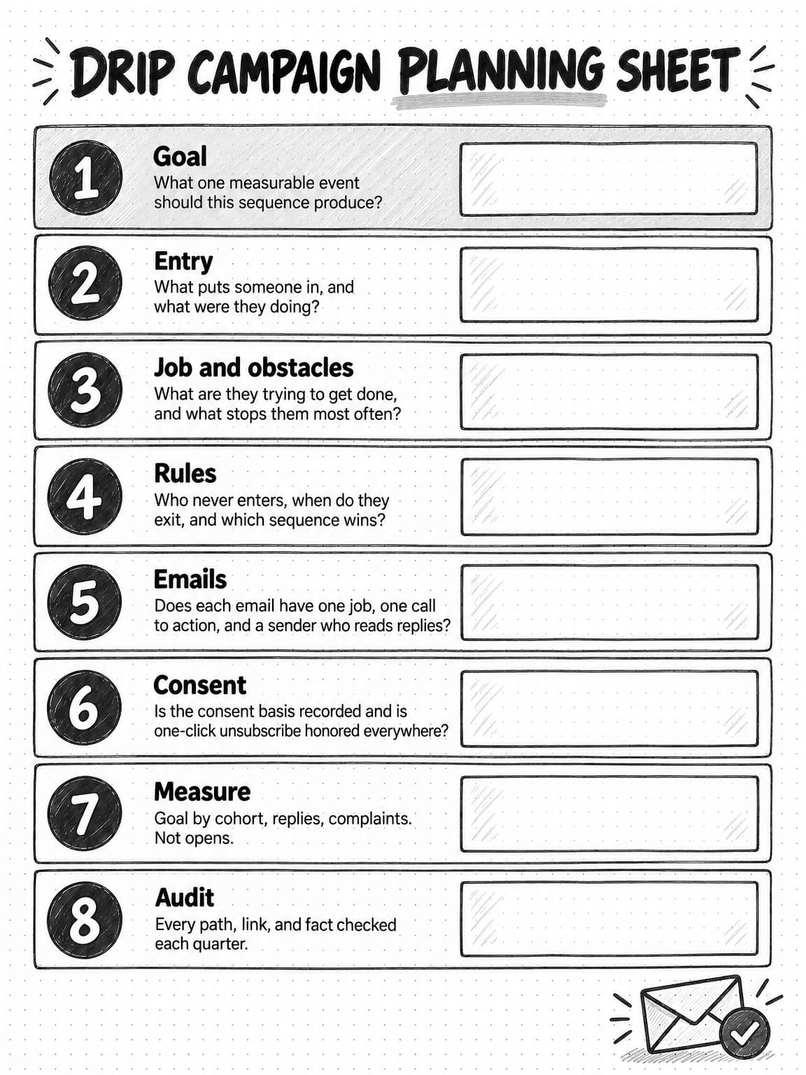 A sketched worksheet titled Drip campaign planning sheet with eight numbered rows and empty answer boxes: 1 Goal, what one measurable event should this sequence produce? 2 Entry, what puts someone in, and what were they doing? 3 Job and obstacles, what are they trying to get done, and what stops them most often? 4 Rules, who never enters, when do they exit, and which sequence wins? 5 Emails, does each email have one job, one call to action, and a sender who reads replies? 6 Consent, is the consent basis recorded and is one-click unsubscribe honored everywhere? 7 Measure, goal by cohort, replies, complaints, not opens. 8 Audit, every path, link, and fact checked each quarter.