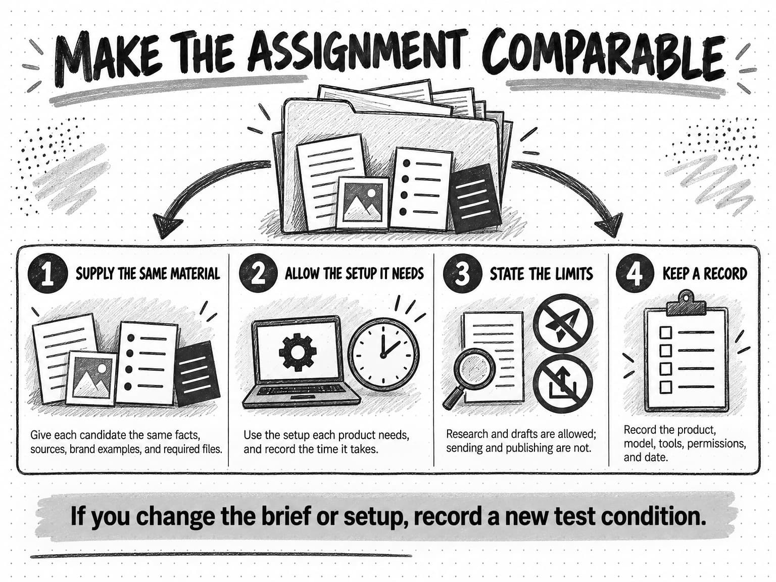 A fictional evaluation pack gives each candidate the same facts, voice guide, approved sources, and permissions, with a record of each product's setup.