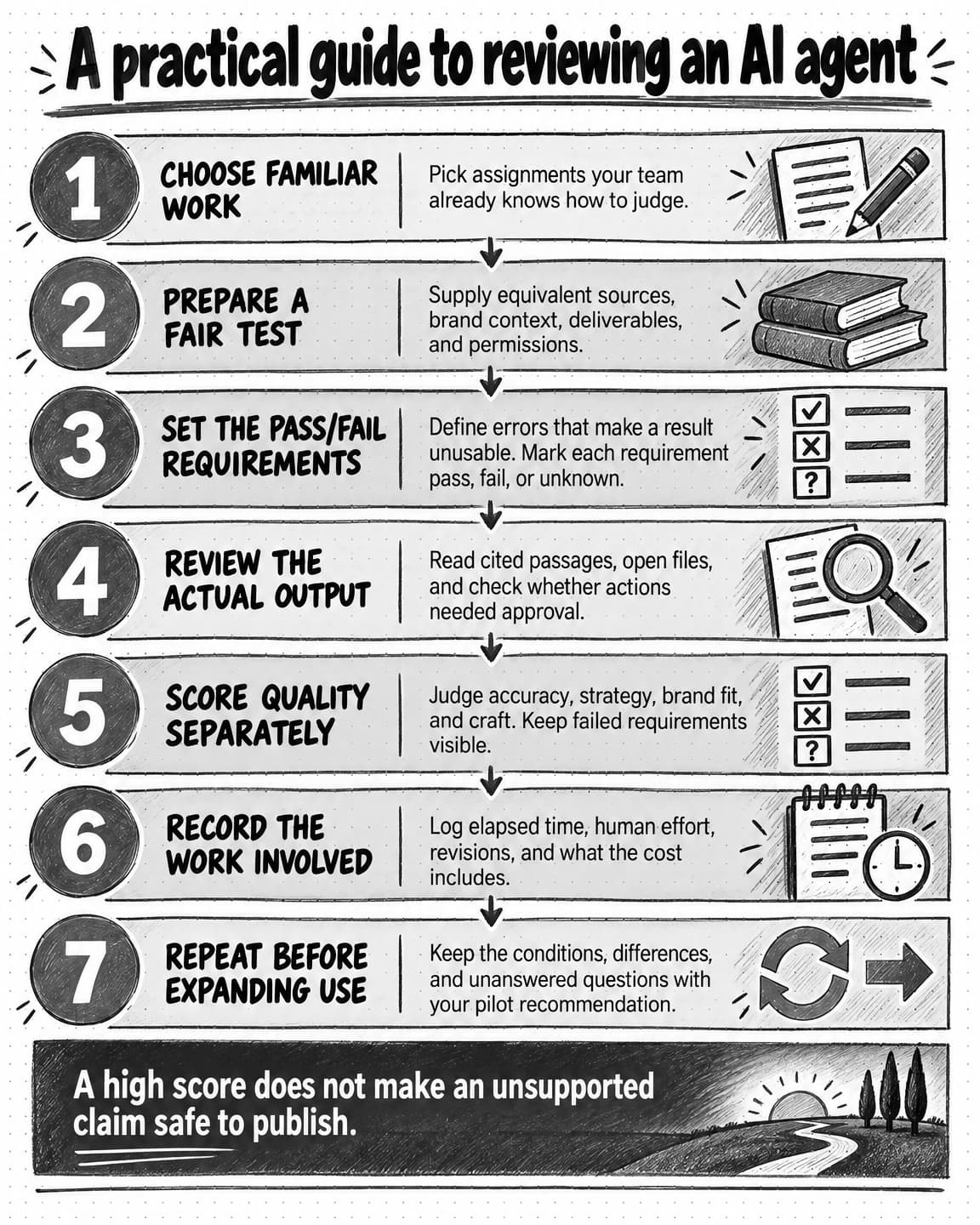 Saveable seven-step reference for evaluating AI marketing agents: choose tasks, prepare equivalent context, set gates, inspect work, log effort and cost, repeat, and decide the next pilot; pass/fail gates remain separate from graded quality.