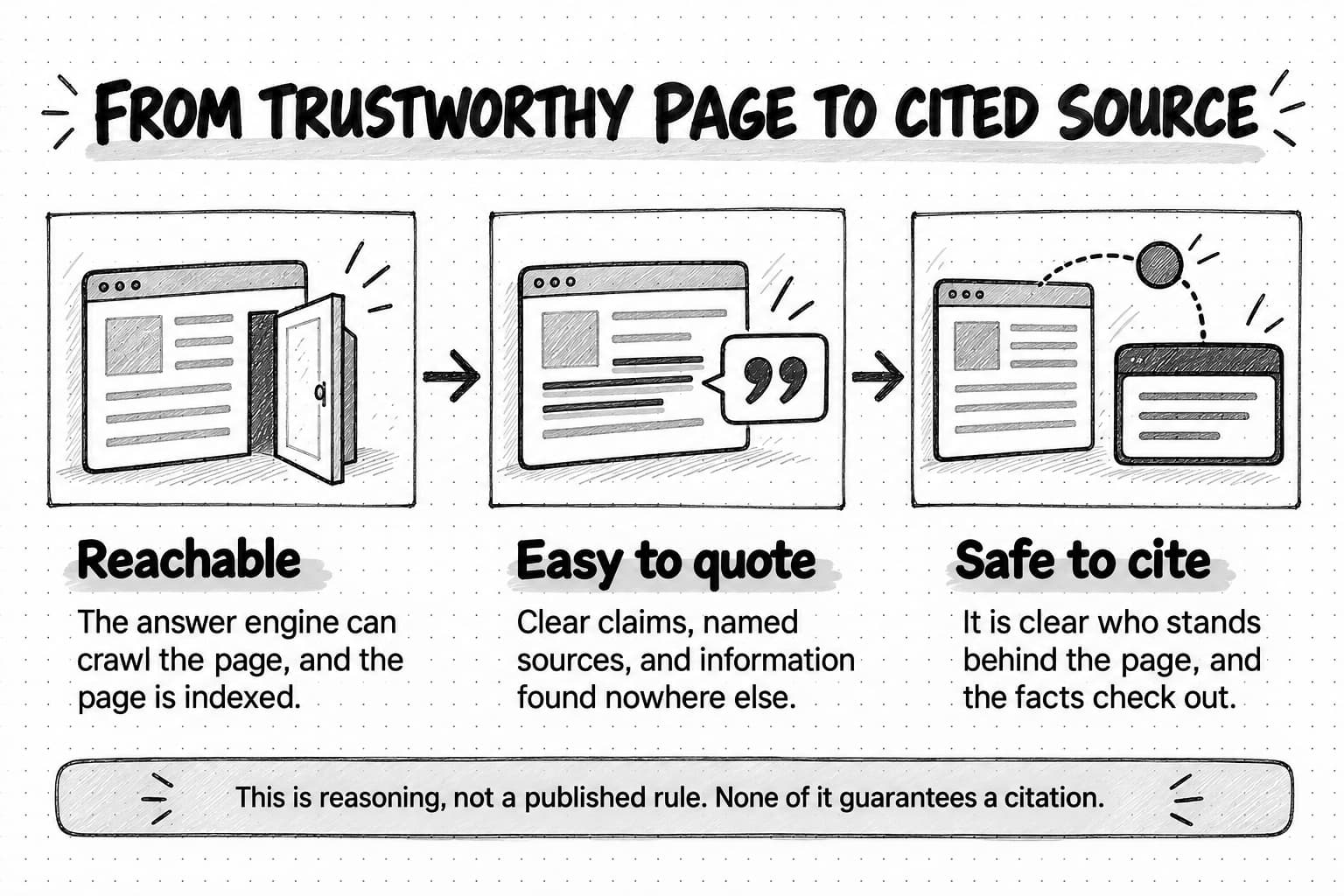 A sketched three-stage path titled From trustworthy page to cited source. Reachable, beside a web page with an open door: The answer engine can crawl the page, and the page is indexed. Easy to quote, beside a page with underlined lines and a quotation mark: Clear claims, named sources, and information found nowhere else. Safe to cite, beside a page linked by a dashed line to an answer card: It is clear who stands behind the page, and the facts check out. A note along the bottom reads: This is reasoning, not a published rule. None of it guarantees a citation.