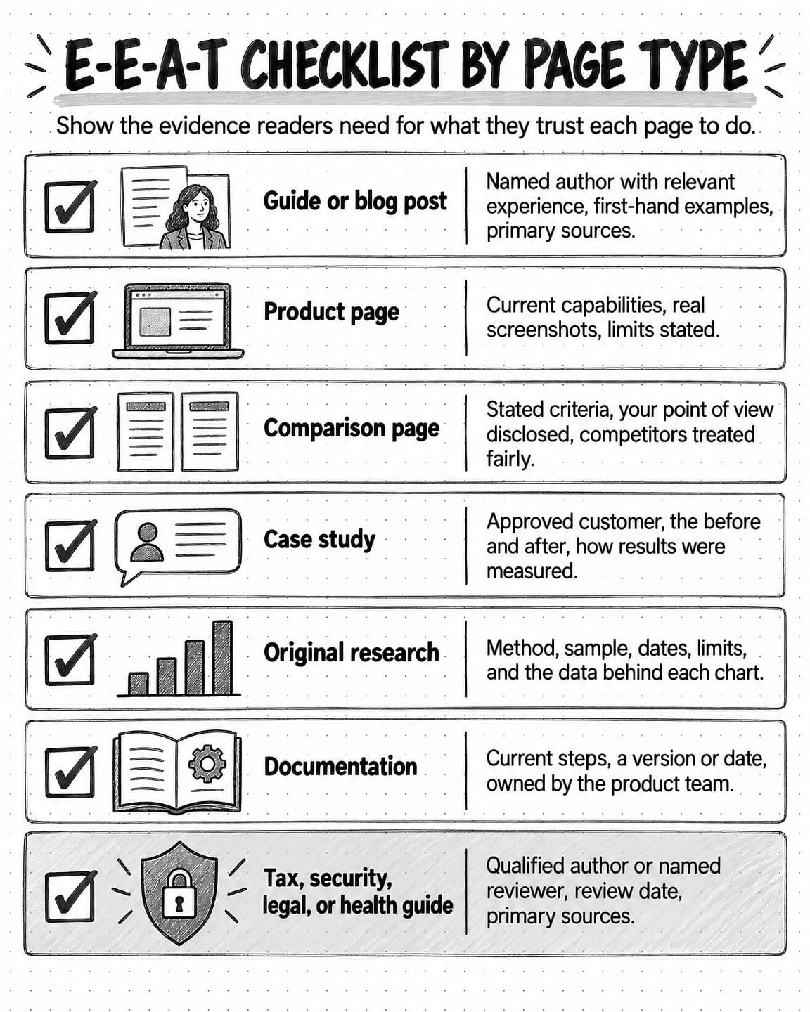 A sketched portrait checklist titled E-E-A-T checklist by page type, with the line Show the evidence readers need for what they trust each page to do. Seven checked rows: Guide or blog post: named author with relevant experience, first-hand examples, primary sources. Product page: current capabilities, real screenshots, limits stated. Comparison page: stated criteria, your point of view disclosed, competitors treated fairly. Case study: approved customer, the before and after, how results were measured. Original research: method, sample, dates, limits, and the data behind each chart. Documentation: current steps, a version or date, owned by the product team. Tax, security, legal, or health guide, highlighted: qualified author or named reviewer, review date, primary sources.