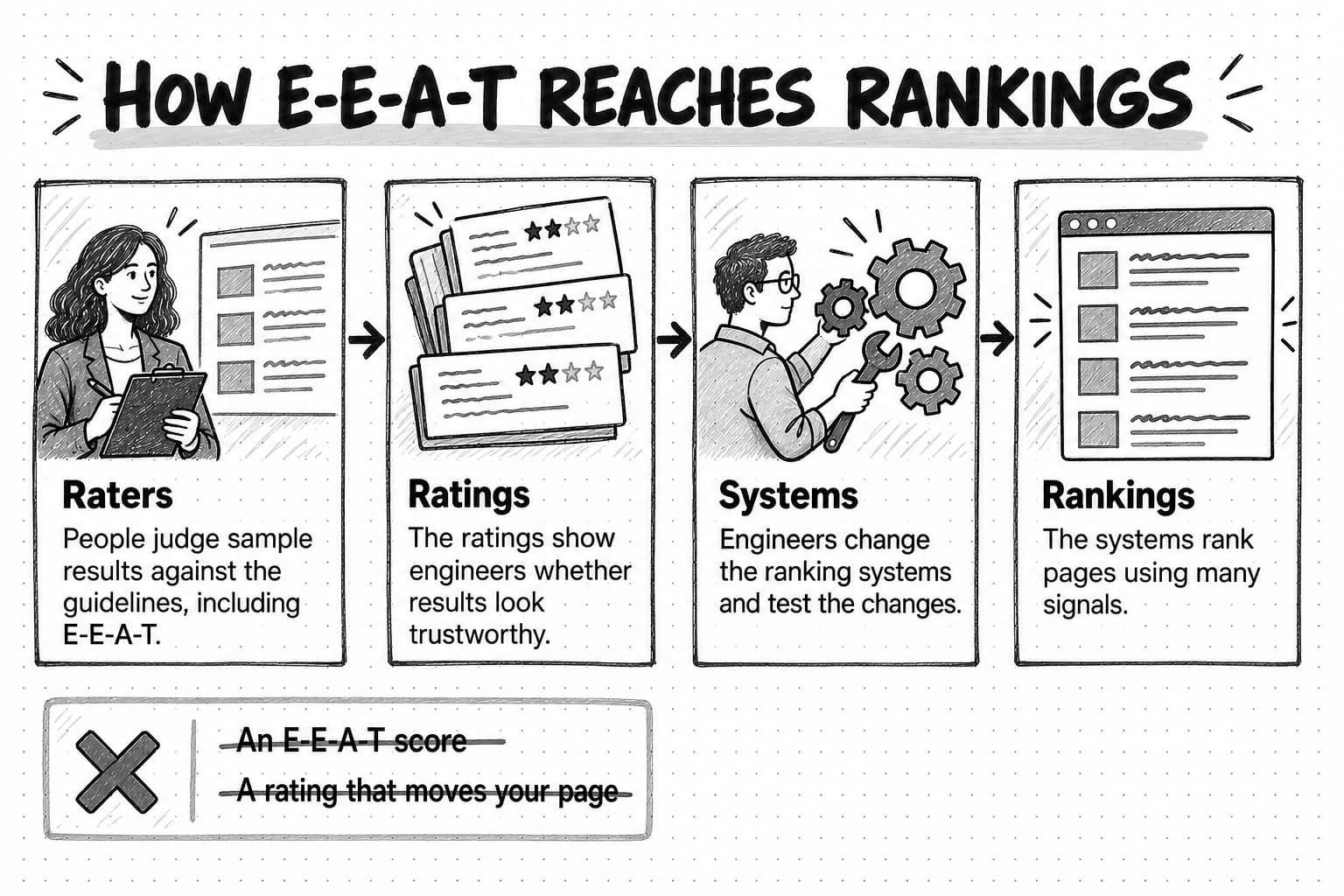A sketched four-step row titled How E-E-A-T reaches rankings. Raters: people judge sample results against the guidelines, including E-E-A-T. Ratings: the ratings show engineers whether results look trustworthy. Systems: engineers change the ranking systems and test the changes. Rankings: the systems rank pages using many signals. A box below crosses out two misconceptions: An E-E-A-T score, and A rating that moves your page.