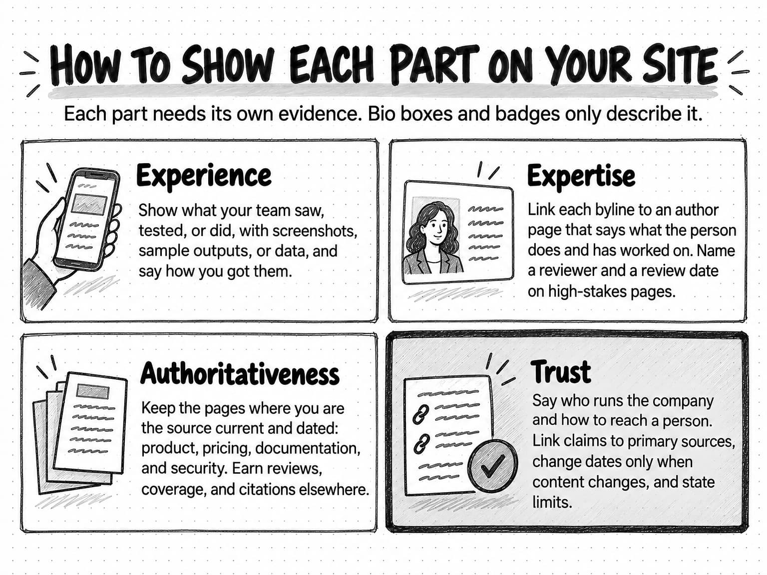 A sketched four-panel sheet titled How to show each part on your site, with the line Each part needs its own evidence. Bio boxes and badges only describe it. Experience: show what your team saw, tested, or did, with screenshots, sample outputs, or data, and say how you got them. Expertise: link each byline to an author page that says what the person does and has worked on, and name a reviewer and a review date on high-stakes pages. Authoritativeness: keep the pages where you are the source current and dated, such as product, pricing, documentation, and security, and earn reviews, coverage, and citations elsewhere. Trust, in a darker highlighted panel: say who runs the company and how to reach a person, link claims to primary sources, change dates only when content changes, and state limits.
