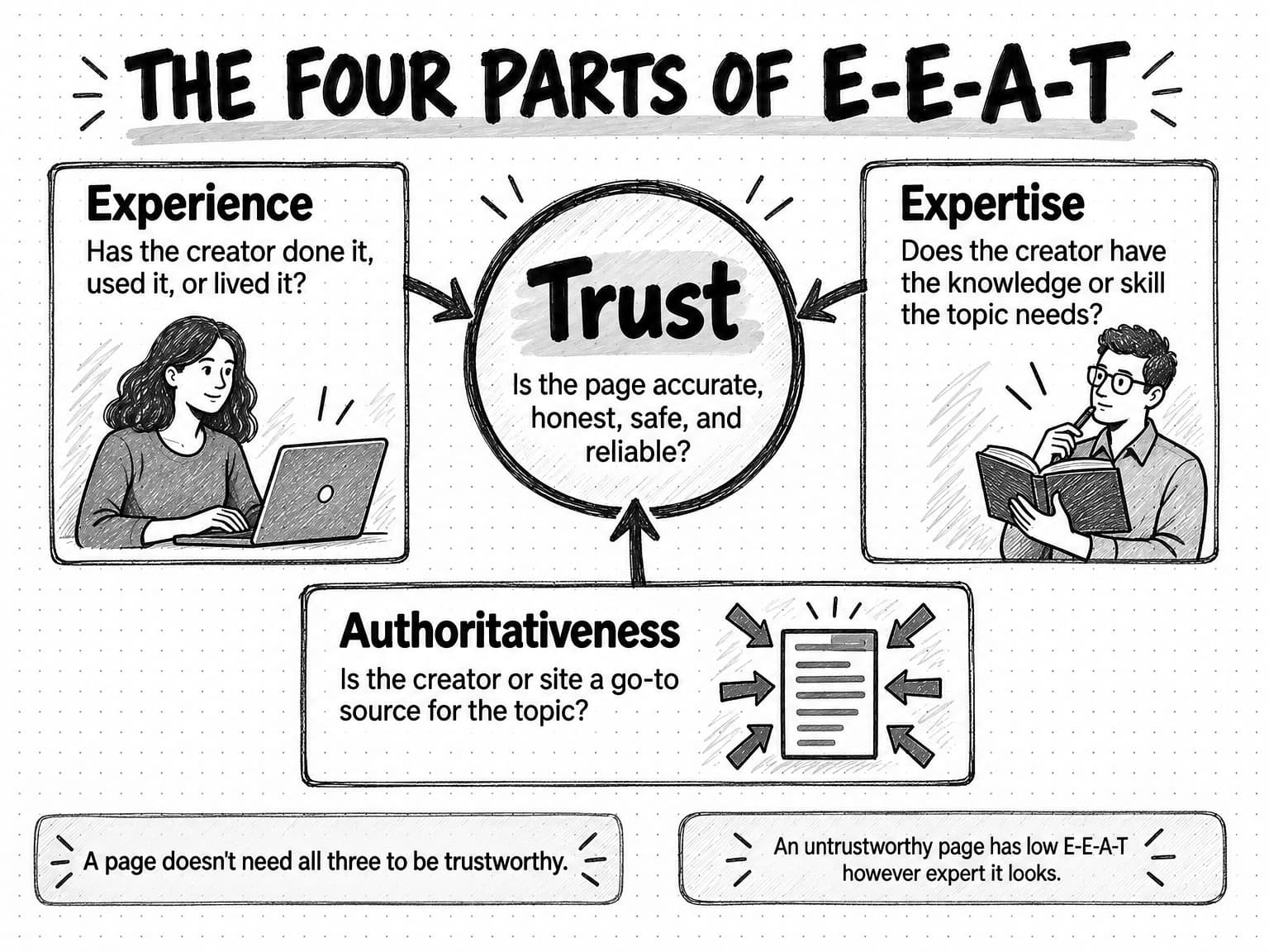 A sketched diagram titled The four parts of E-E-A-T. A central circle reads Trust: Is the page accurate, honest, safe, and reliable? Three cards point arrows into it. Experience, beside a person at a laptop: Has the creator done it, used it, or lived it? Expertise, beside a person reading a book: Does the creator have the knowledge or skill the topic needs? Authoritativeness, beside a page with arrows pointing at it: Is the creator or site a go-to source for the topic? Two notes along the bottom read: A page doesn't need all three to be trustworthy. An untrustworthy page has low E-E-A-T however expert it looks.