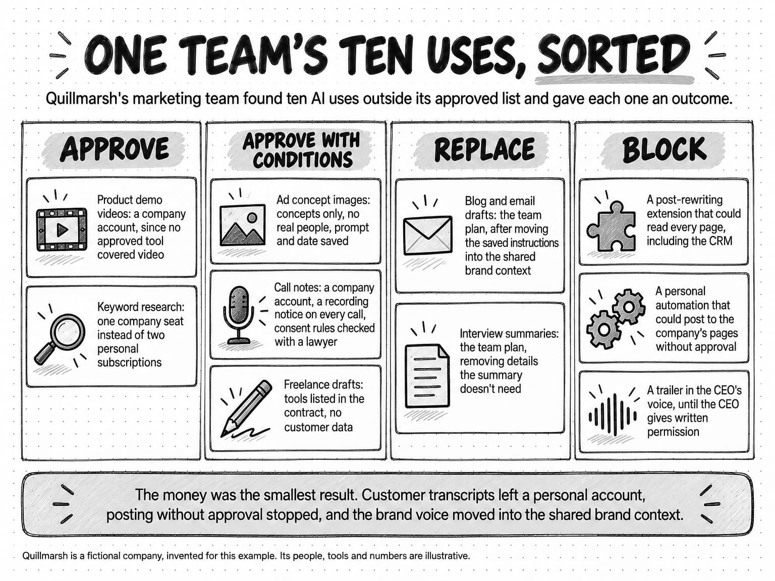Hand-drawn board titled One team's ten uses, sorted, with the line Quillmarsh's marketing team found ten AI uses outside its approved list and gave each one an outcome. Four columns: Approve holds product demo videos and keyword research; Approve with conditions holds ad concept images, call notes and freelance drafts, each with its condition; Replace holds blog and email drafts and interview summaries, both moved to the team plan; Block holds a post-rewriting extension that could read every page, a personal automation that could post without approval, and a trailer in the CEO's voice until the CEO gives written permission. A band says the money was the smallest result: customer transcripts left a personal account, posting without approval stopped, and the brand voice moved into the shared brand context. A footnote says Quillmarsh is a fictional company, invented for this example, and its people, tools and numbers are illustrative.