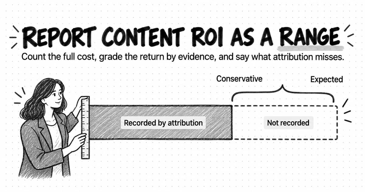 A sketch titled Report content ROI as a range, with the line Count the full cost, grade the return by evidence, and say what attribution misses. A person holds a ruler against a long bar: its left part is solid and shaded, labeled Recorded by attribution, and its right part is a dashed outline labeled Not recorded. A bracket above the dashed part runs from Conservative to Expected.