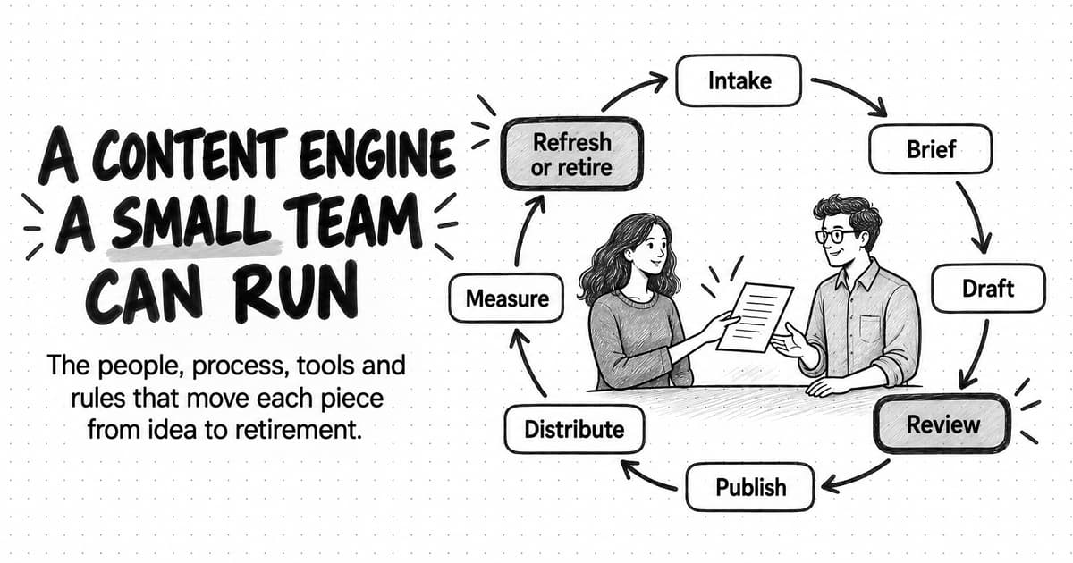 A sketched diagram titled A content engine a small team can run, with the line The people, process, tools and rules that move each piece from idea to retirement. On the right, two people at a table pass a document between them inside a clockwise loop of eight stages: Intake, Brief, Draft, Review, Publish, Distribute, Measure, and Refresh or retire, with Review and Refresh or retire drawn darker.