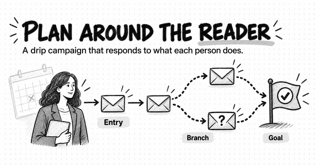 A sketched diagram titled Plan around the reader, subtitled A drip campaign that responds to what each person does. A woman stands at the left in front of a faded calendar. A path of envelopes runs from her, labeled Entry, then forks into two dotted branches, labeled Branch, one carrying an envelope with a question mark, and both rejoin at a flag with a check mark labeled Goal.