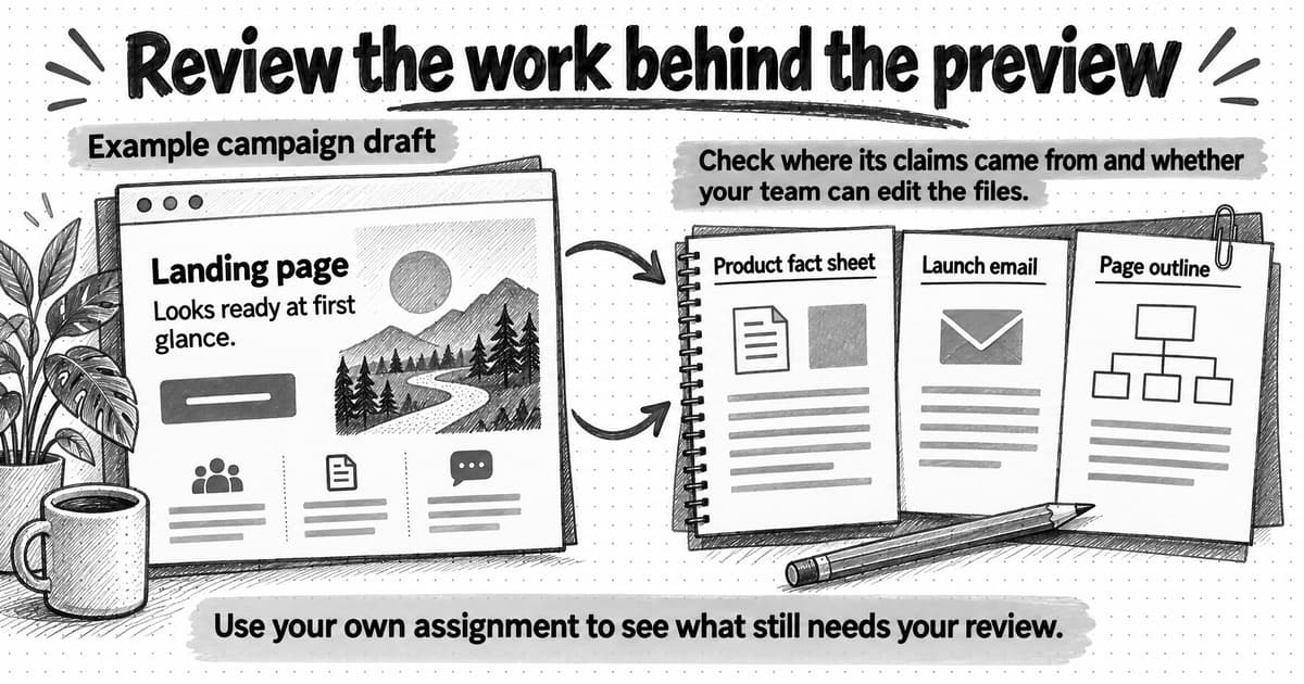 An example campaign landing page beside a product fact sheet, launch email, and page outline, explaining why reviewers should check claims and editable files.