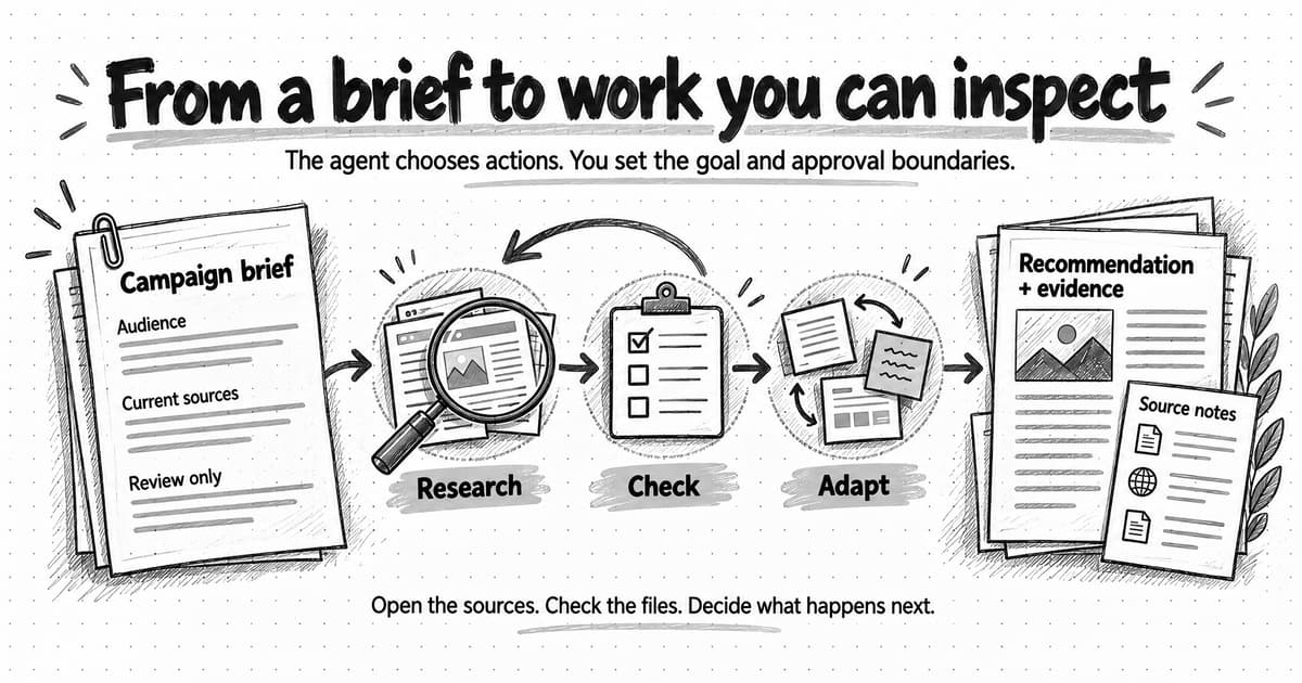 A campaign brief supplies audience, sources, and review boundaries while research, checking, and adaptation lead toward a recommendation with evidence.