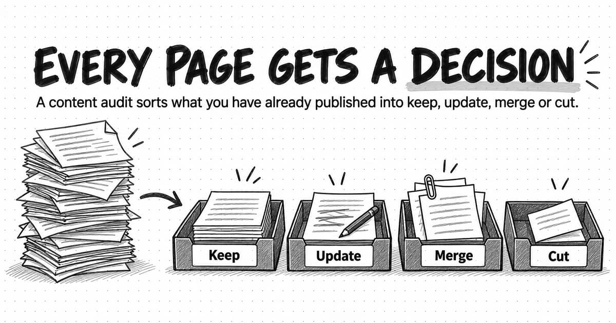 A sketch titled Every page gets a decision, with the line A content audit sorts what you have already published into keep, update, merge or cut. An arrow leads from a tall, untidy stack of pages to four desk trays labeled Keep, Update, Merge and Cut, holding a neat pile, a page being edited with a pencil, pages clipped together, and a single set-aside page.
