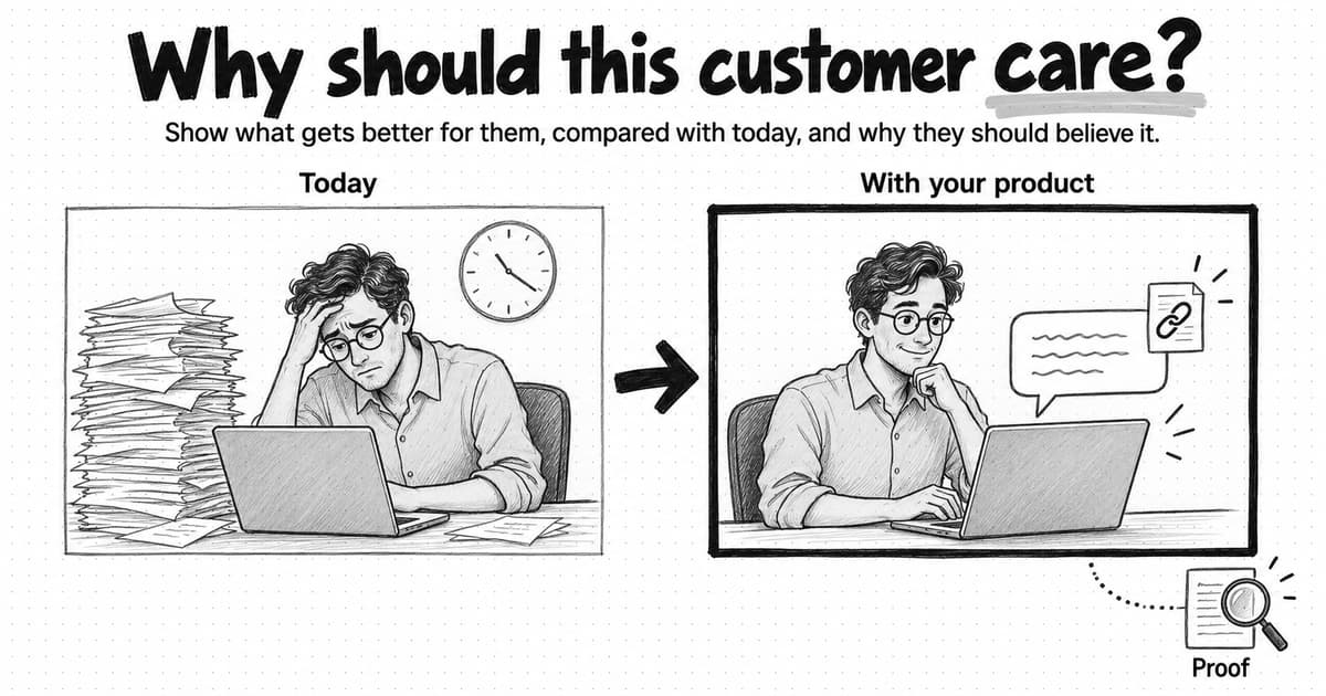 The same office worker in two sketched panels: today, tired at a laptop beside a tall stack of paper tickets, and with your product, relaxed while reading a chat answer linked to a source document. A document under a magnifying glass is labeled Proof. The heading asks why this customer should care.